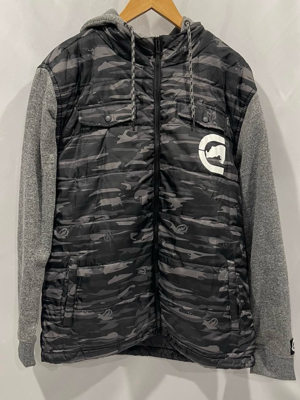 Ecko Unlimited Black Camo Quilted Hooded Jacket with Gray Sleeves